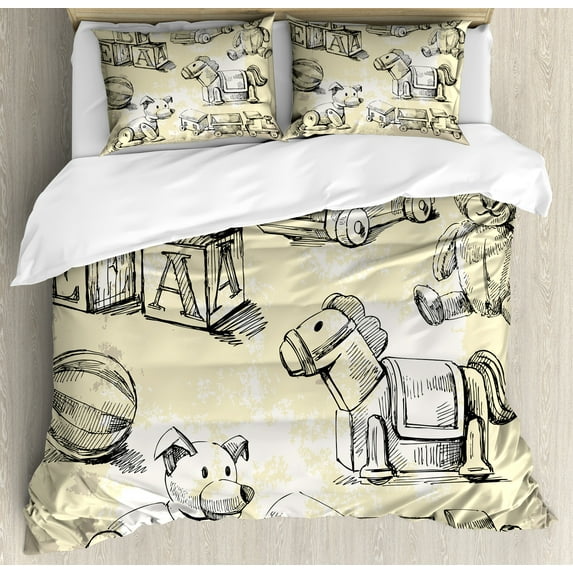 Vintage Duvet Cover Set, Illustration of Old on Grunge Setting Teddy Bear Train Ball, Decorative 3 Piece Bedding Set with 2 Pillow Shams, Queen Size, Beige Black, by Ambesonne
