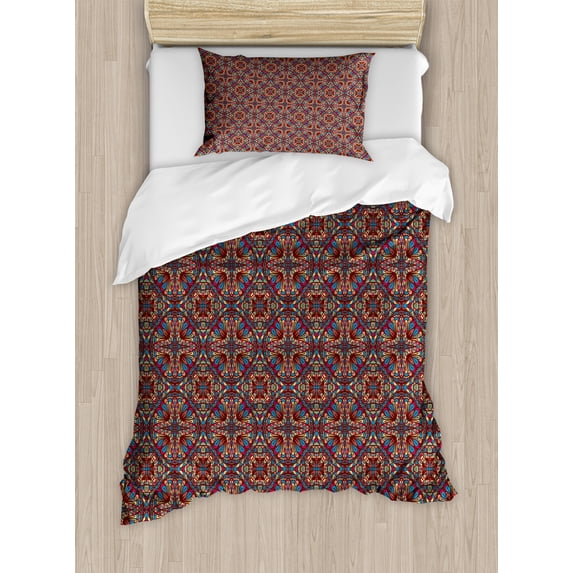 Vintage Duvet Cover Set, Jumble Stained Glass Seemed Image with Colorful Floral Like Detailed Image Print, Decorative 2 Piece Bedding Set with 1 Pillow Shams, Twin Size, Multicolor, by Ambesonne