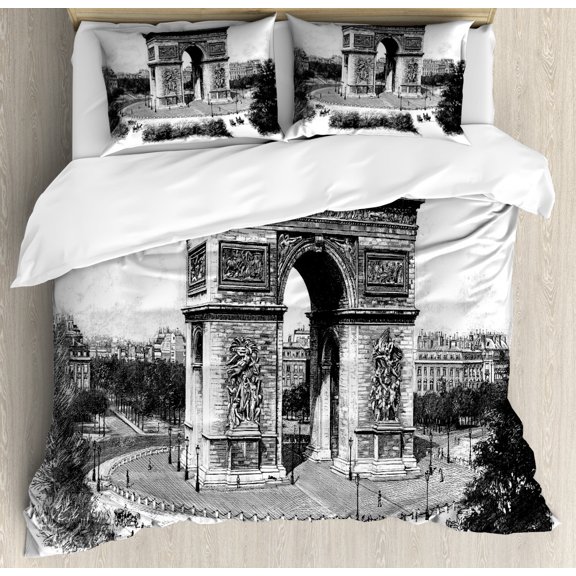 Vintage Duvet Cover Set King Size, Old Photo of Auguste Vitu Monument in Paris French Heritage Retro Picture, Decorative 3 Piece Bedding Set with 2 Pillow Shams, Black and White, by Ambesonne
