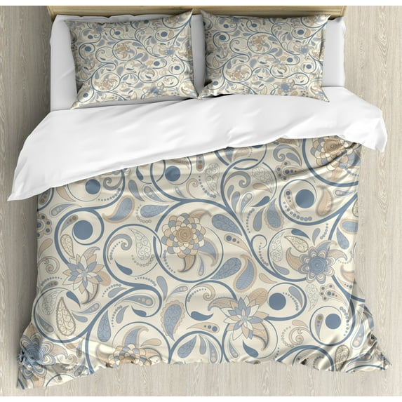 Vintage Duvet Cover Set King Size, Oriental Scroll with Swirling Leaves with Eastern Design Inspirations, Decorative 3 Piece Bedding Set with 2 Pillow Shams, Beige Tan Slate Blue, by Ambesonne