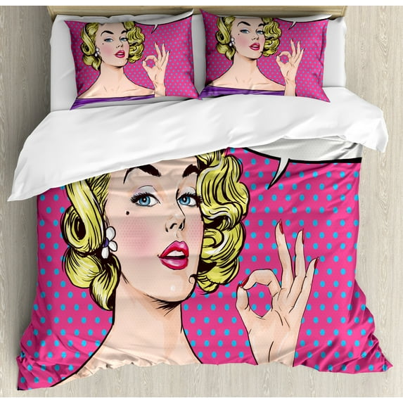 Vintage Duvet Cover Set King Size, Pop Art Blonde Woman Making OK Sign on Dotted Background Retro Comic Book Design, Decorative 3 Piece Bedding Set with 2 Pillow Shams, Multicolor, by Ambesonne