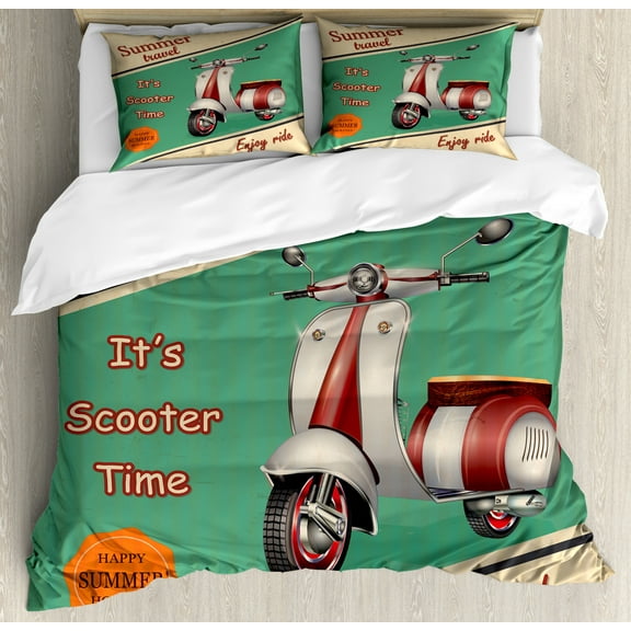 Vintage Duvet Cover Set King Size, Scooter Motorbike Summer Travel Italian City Sight Hipster Enjoy Ride Illustration, Decorative 3 Piece Bedding Set with 2 Pillow Shams, Multicolor, by Ambesonne