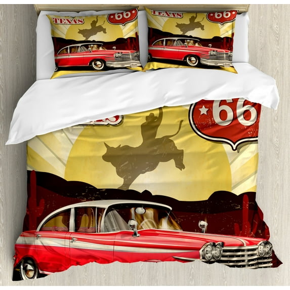 Vintage Duvet Cover Set King Size, Welcome to Texas Signboard Poster with Cadillac Art Car Cowboys Town Rodeo Design, Decorative 3 Piece Bedding Set with 2 Pillow Shams, Multicolor, by Ambesonne