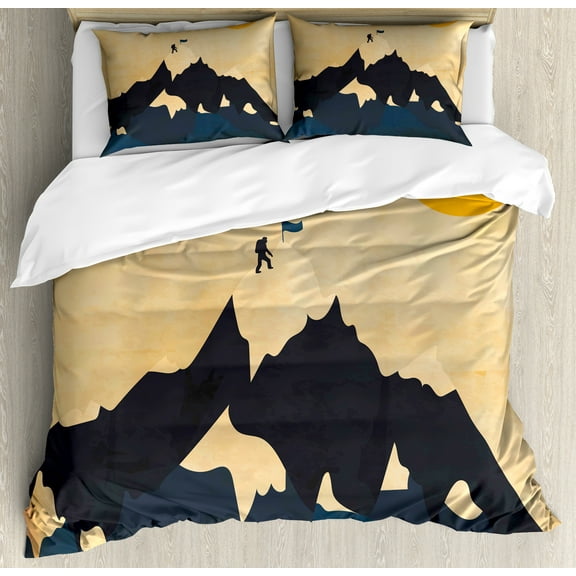 Vintage Duvet Cover Set, Man on Mountaintop with Flag Snowy Winter Sun Clouds Adventure Sports, Decorative 3 Piece Bedding Set with 2 Pillow Shams, Queen Size, Orange Mustard Dark Blue, by Ambesonne