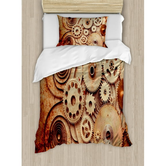 Vintage Duvet Cover Set, Mechanical Clocks Details Old Rusty Look Backdrop Gears Steampunk Design, Decorative 2 Piece Bedding Set with 1 Pillow Shams, Twin Size, Dark Orange Beige, by Ambesonne