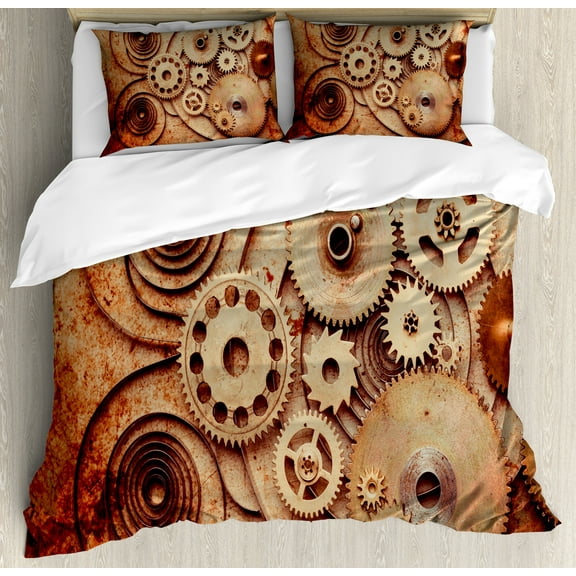 Vintage Duvet Cover Set, Mechanical Clocks Details Old Rusty Look Backdrop Gears Steampunk Design, Decorative 3 Piece Bedding Set with 2 Pillow Shams, Queen Size, Dark Orange Beige, by Ambesonne