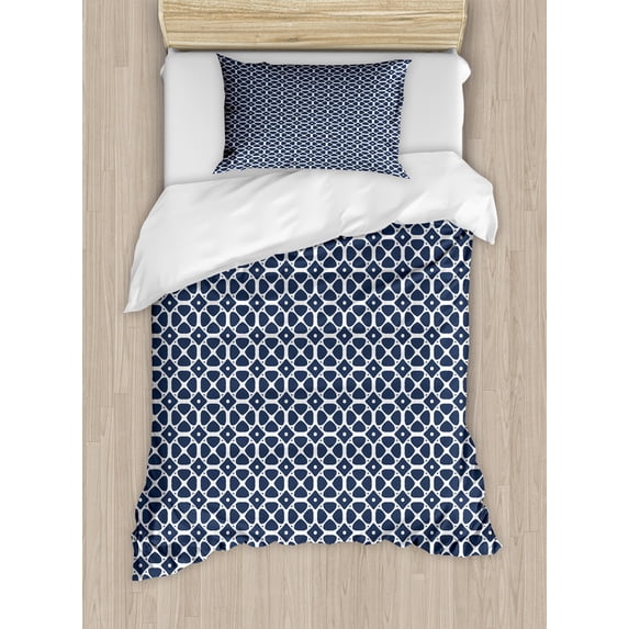 Vintage Duvet Cover Set, Monochromatic Classic Simple Tiling with Geometric Art Elements, Decorative 2 Piece Bedding Set with 1 Pillow Shams, Twin Size, Dark Slate Blue and White, by Ambesonne