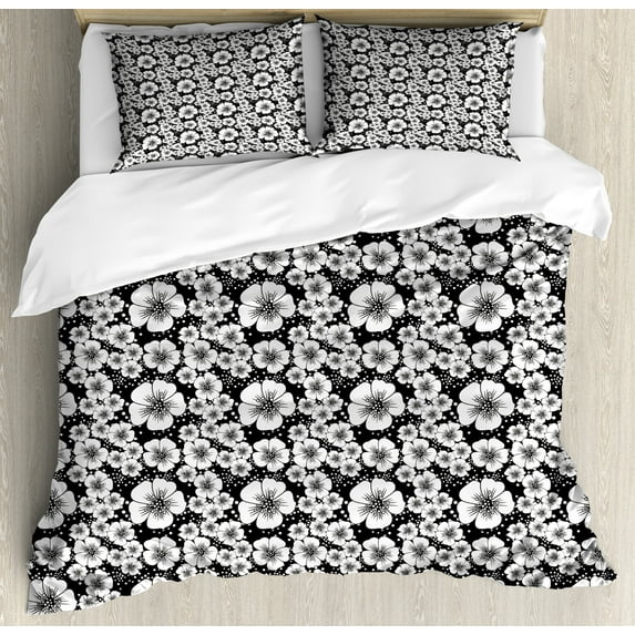 Vintage Duvet Cover Set, Monochrome Nostalgia with Apple Blossoms and Irregular Dots, Decorative 3 Piece Bedding Set with 2 Pillow Shams, Queen Size, Charcoal Grey White, by Ambesonne