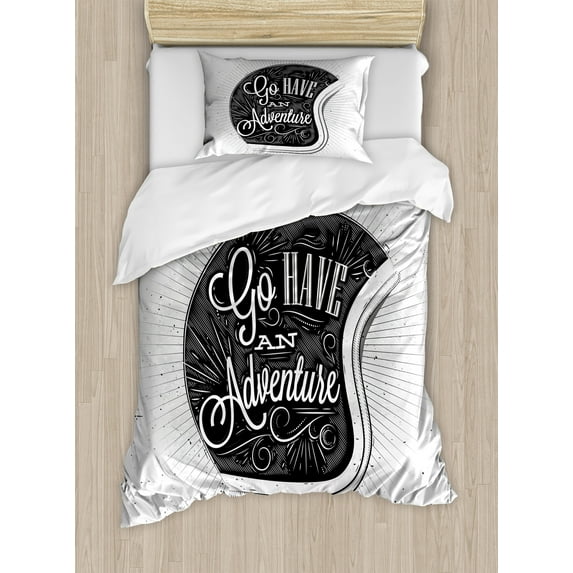 Vintage Duvet Cover Set, Motorcycle Adventure Words and Ornate Lines Contemporary New Graphic Design, Decorative 2 Piece Bedding Set with 1 Pillow Shams, Twin Size, Grey, by Ambesonne