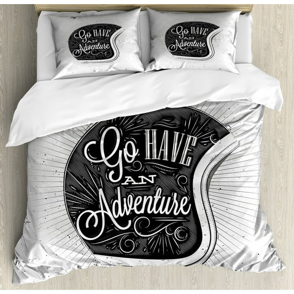 Vintage Duvet Cover Set, Motorcycle Adventure Words and Ornate Lines Contemporary New Graphic Design, Decorative 3 Piece Bedding Set with 2 Pillow Shams, King Size, Grey, by Ambesonne