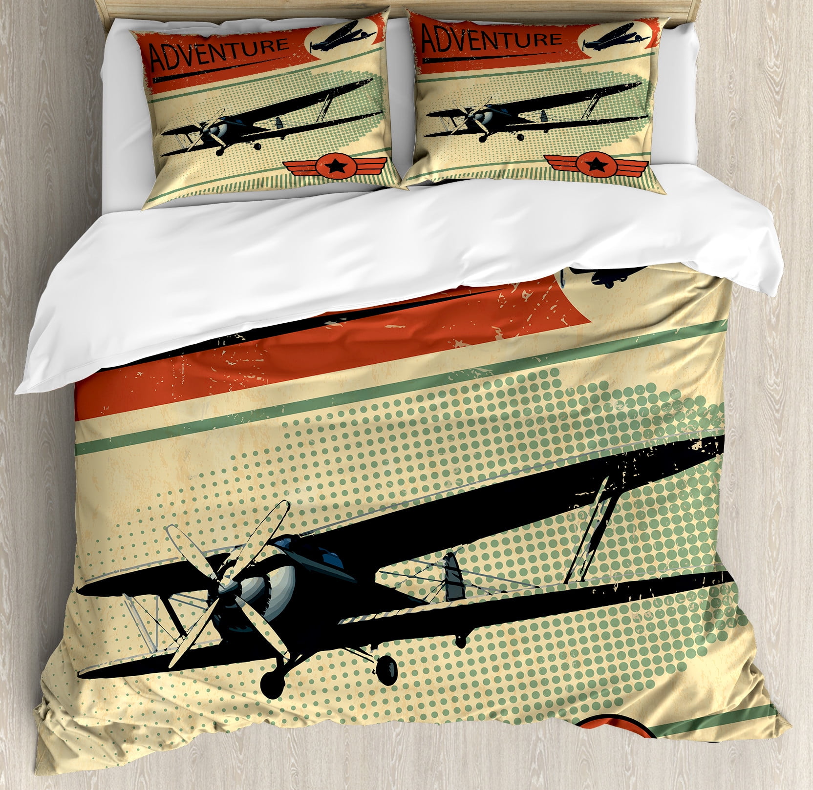 Vintage Multicolor Airplane Graphic Queen Duvet Cover Set