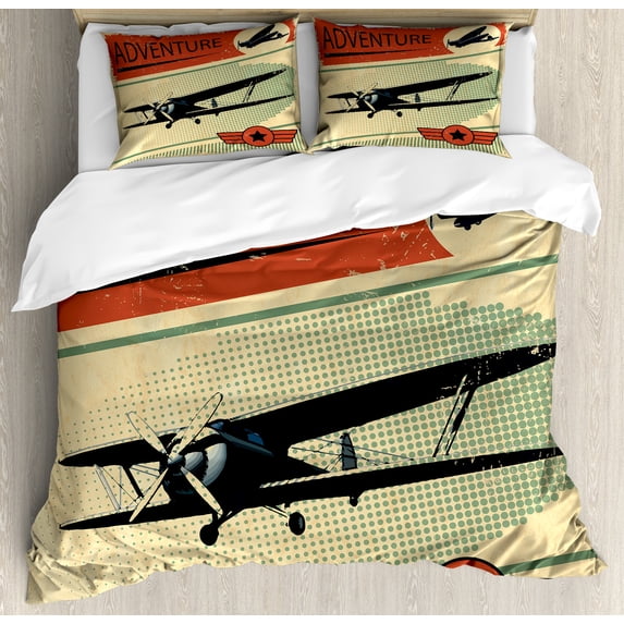 Vintage Duvet Cover Set, Nostalgic Small on Dotted Grunge Backdrop Epic Adventure Airpark Plane Graphic, Decorative 3 Piece Bedding Set with 2 Pillow Shams, Queen Size, Multicolor, by Ambesonne
