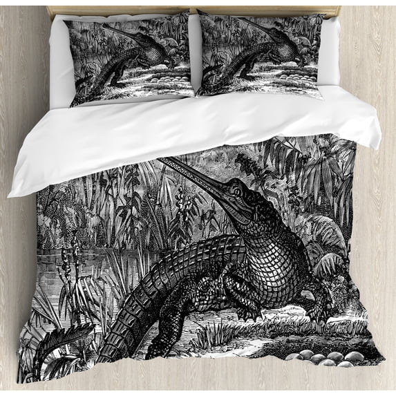 Vintage Duvet Cover Set, Old Fashion Sketch of a Crocodile in Forest Wildlife Nature Woods Fossil Picture, Decorative 3 Piece Bedding Set with 2 Pillow Shams, Queen Size, Charcoal Grey, by Ambesonne