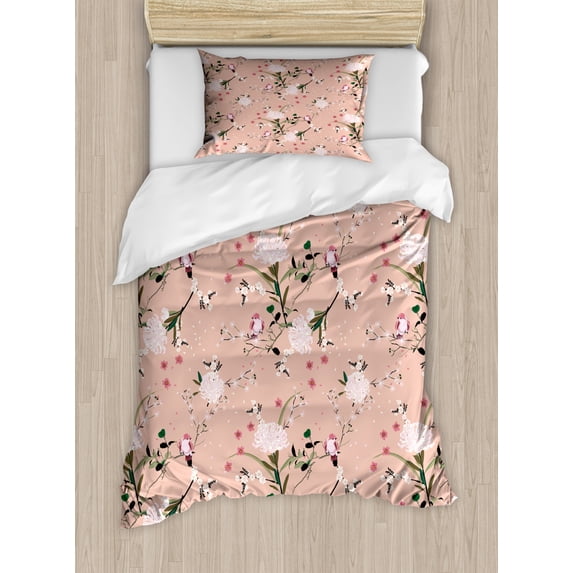 Vintage Duvet Cover Set, Oriental Garden with Birds on Floral Branches Blooming Garden Art, Decorative 2 Piece Bedding Set with 1 Pillow Shams, Twin Size, Pale Salmon Multicolor, by Ambesonne