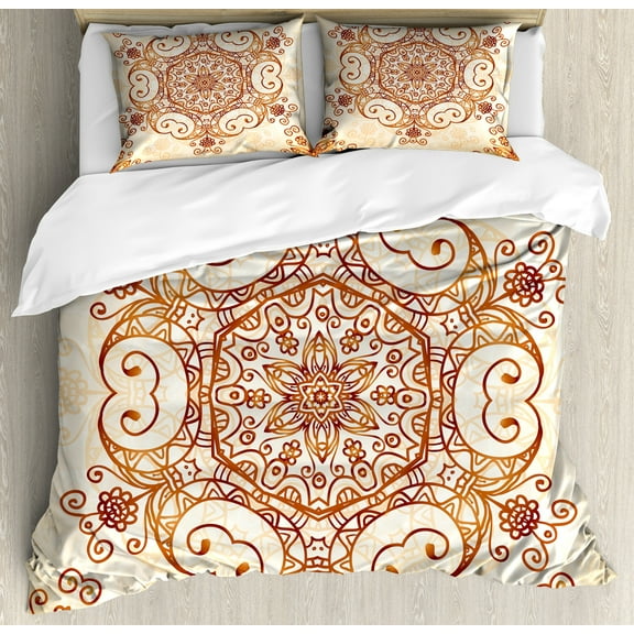 Vintage Duvet Cover Set, Ornamental Abstract Floral Pattern Swirled Damask Flower Baroque Illustration, Decorative 3 Piece Bedding Set with 2 Pillow Shams, Queen Size, Redwood Peach, by Ambesonne