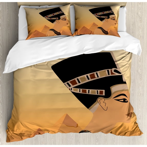 Vintage Duvet Cover Set, Pattern of Egyptian Historical Elements Pyramids, Decorative 3 Piece Bedding Set with 2 Pillow Shams, King Size, Amber Beige, by Ambesonne