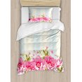 thumbnail image 1 of Vintage Duvet Cover Set, Pink Peony Border on Vertical Striped Tile Bridal Wedding Design, Decorative 2 Piece Bedding Set with 1 Pillow Shams, Twin Size, Pale Pink Pale Blue, by Ambesonne, 1 of 3