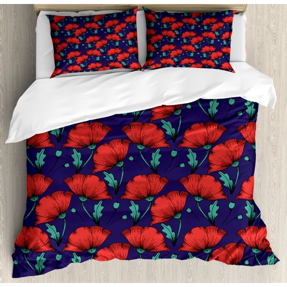 Vintage Duvet Cover Set, Poppy Bouquets Pastel Meadow Rural Blossoms and Turquoise Leaves Pattern, Decorative 3 Piece Bedding Set with 2 Pillow Shams, Queen Size, Vermilion and Quartz, by Ambesonne