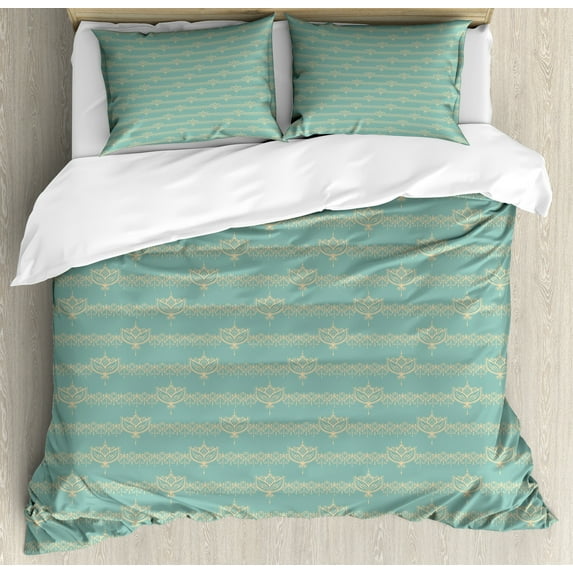 Vintage Duvet Cover Set, Print of Soft Tone Lotus Flower Drawings in an Ornamental Style Nature Art, Decorative 3 Piece Bedding Set with 2 Pillow Shams, Calking Size, Pale Teal and Peach, by Ambesonne