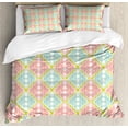 thumbnail image 1 of Vintage Duvet Cover Set Queen Size, Abstract Lattice Inspired Repetition with Wavy Mosaic Rhombuses, Decorative 3 Piece Bedding Set with 2 Pillow Shams, Green Coral Seafoam and Rose, by Ambesonne, 1 of 3