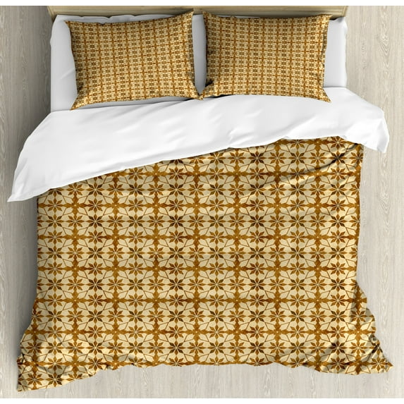 Vintage Duvet Cover Set Queen Size, Antique Moroccan Style Inspired Geometric Stars Formed by Diamond Shapes, Decorative 3 Piece Bedding Set with 2 Pillow Shams, Beige and Caramel, by Ambesonne