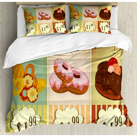 Vintage Duvet Cover Set Queen Size, Bakery of Delicious Pastries Deserts Doughnuts and Cakes with Price Tags Pattern, Decorative 3 Piece Bedding Set with 2 Pillow Shams, Multicolor, by Ambesonne