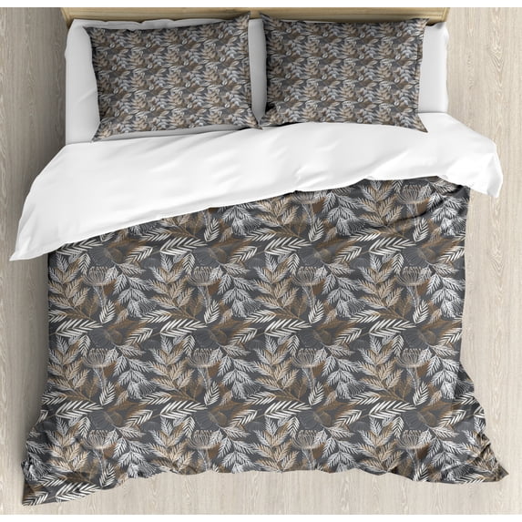 Vintage Duvet Cover Set Queen Size, Flourishing Plants with Rustic Branches Leaves Nostalgic Rural Field Art, Decorative 3 Piece Bedding Set with 2 Pillow Shams, Brown Grey Coconut, by Ambesonne