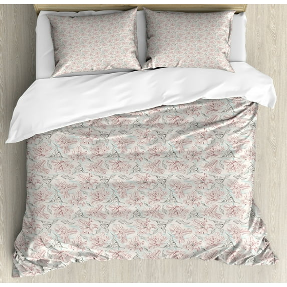 Vintage Duvet Cover Set Queen Size, Pastel Outline Tulip Flowers Deco Print, Decorative 3 Piece Bedding Set with 2 Pillow Shams, Pale Eggshell Pale Blue Grey Mauve Taupe Dark Sepi, by Ambesonne
