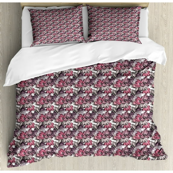 Vintage Duvet Cover Set Queen Size, Pattern with Magnolia Flowers Plants Botanical Romantic Nostalgic Garden Art Design, Decorative 3 Piece Bedding Set with 2 Pillow Shams, Multicolor, by Ambesonne