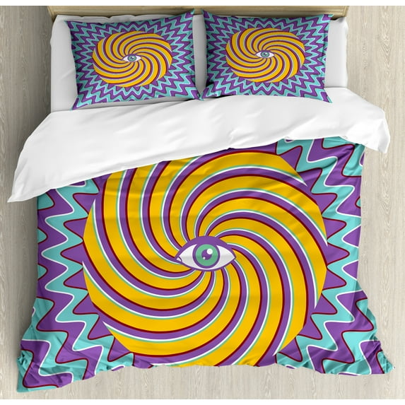Vintage Duvet Cover Set Queen Size, Third Eye Symbol inside Hypnotic Spiral Circles Trippy Lines Mystic Hippie Boho, Decorative 3 Piece Bedding Set with 2 Pillow Shams, Multicolor, by Ambesonne