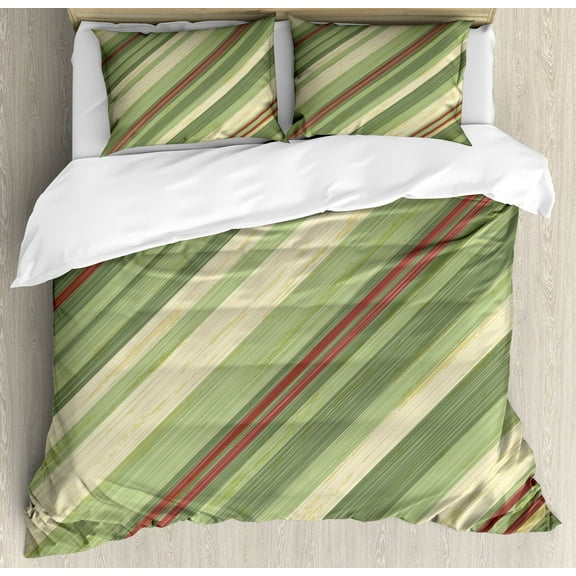 Vintage Duvet Cover Set, Red Green Diagonal Stripes on Old Aged Design Grungy Background Abstract Print, Decorative 3 Piece Bedding Set with 2 Pillow Shams, Queen Size, Cream Green Red, by Ambesonne