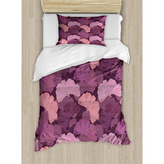 Vintage Duvet Cover Set, Repetitive Design of Plantation Organic Ginkgo Biloba Leaves Print, Decorative 2 Piece Bedding Set with 1 Pillow Shams, Twin Size, Eggplant and Multicolor, by Ambesonne