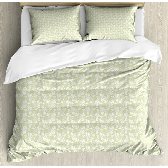 Vintage Duvet Cover Set, Repetitive Pattern with Lace Like Ornate Curly Flowers on Thin Hexagons Grid, Decorative 3 Piece Bedding Set with 2 Pillow Shams, King Size, Pale Khaki White, by Ambesonne