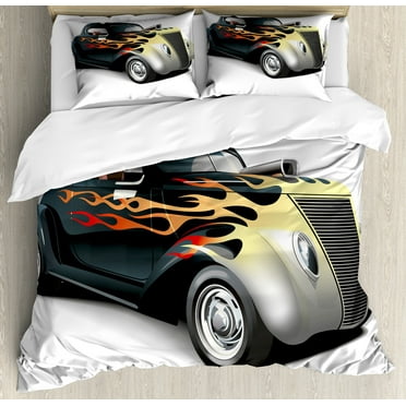 Vintage Duvet Cover Set, Retro 40s Drag Car with Ombre Print Art, Decorative 3 Piece Bedding Set with 2 Pillow Shams, Calking Size, Grey Orange, by Ambesonne