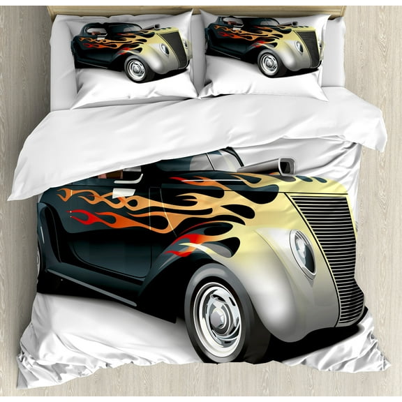 Vintage Duvet Cover Set, Retro 40s Drag Car with Ombre Print Art, Decorative 3 Piece Bedding Set with 2 Pillow Shams, King Size, Grey Orange, by Ambesonne