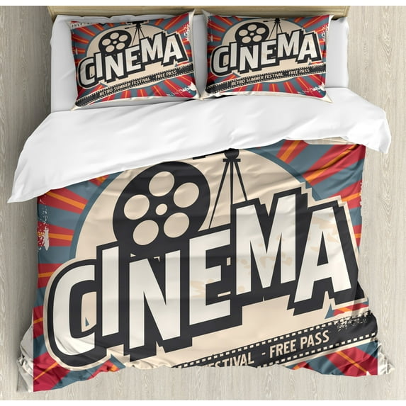 Vintage Duvet Cover Set, Retro Cinema Movie Vintage Paper Texture Hollywood Stars Theme Image Print, Decorative 3 Piece Bedding Set with 2 Pillow Shams, Calking Size, Brown Ecru Grey, by Ambesonne