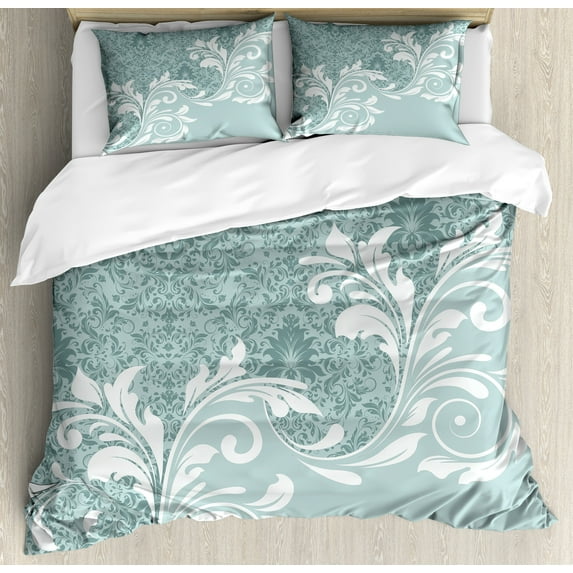 Vintage Duvet Cover Set, Retro Floral Ivy Leaves with Swirls Abstract Vector Art, Decorative 3 Piece Bedding Set with 2 Pillow Shams, Calking Size, Slate Blue Pale Blue, by Ambesonne