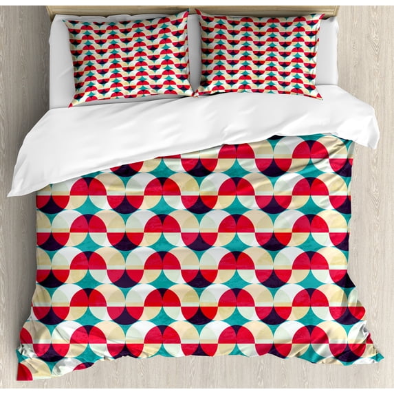 Vintage Duvet Cover Set, Retro Geometrical Modern Design with Circles and Rounds Art, Decorative 3 Piece Bedding Set with 2 Pillow Shams, Queen Size, Forest Green Salmon, by Ambesonne