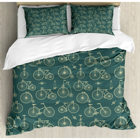 Vintage Duvet Cover Set, Retro Illustration of Abstract Repetitive Various Kind Bicycles Image, Decorative 3 Piece Bedding Set with 2 Pillow Shams, King Size, Pale Khaki and Grey Teal, by Ambesonne
