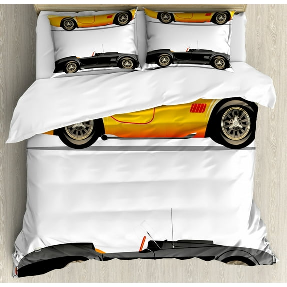 Vintage Duvet Cover Set, Retro Nostalgic Feelings Cabrio Cars Illustration on Plain Background Print, Decorative 3 Piece Bedding Set with 2 Pillow Shams, Queen Size, Earth Yellow Black, by Ambesonne