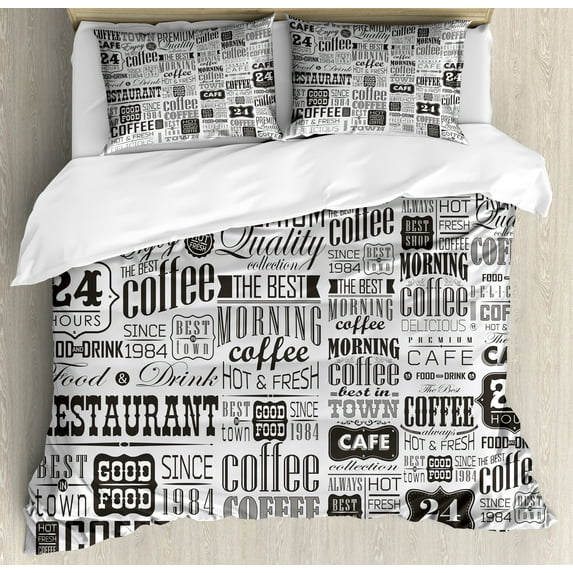 Vintage Duvet Cover Set, Retro Style Texts and Typographic Vintage Coffee Shop Restaurant, Decorative 3 Piece Bedding Set with 2 Pillow Shams, King Size, Charcoal Grey Pale Grey, by Ambesonne