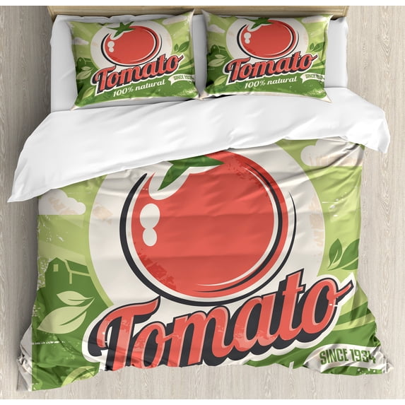 Vintage Duvet Cover Set, Retro Tomato Poster an Antique Paper Print in Contemporary Graphic Design, Decorative 3 Piece Bedding Set with 2 Pillow Shams, Queen Size, Green Red, by Ambesonne