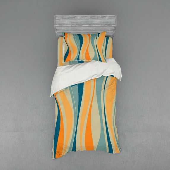Vintage Duvet Cover Set, Retro Vibrant Stripes Funky Lines Design Patterns Abstract Print, Bedding Set with Shams and Fitted Sheet, 3 Sizes, by Ambesonne