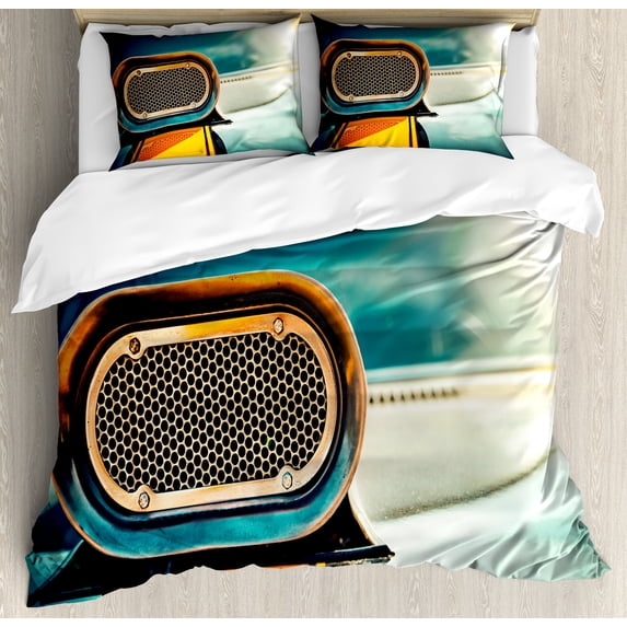 Vintage Duvet Cover Set, Retro Wave Inspirations American Muscle Car Hood Photo Artwork Print, Decorative 3 Piece Bedding Set with 2 Pillow Shams, Calking Size, Turquoise and Orange, by Ambesonne