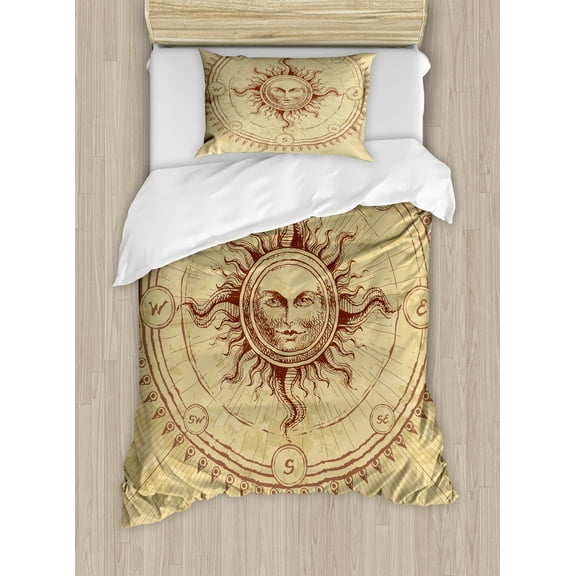 Vintage Duvet Cover Set, Roman Style Face in Circle Like Radiating Sun Antique Image Art, Decorative 2 Piece Bedding Set with 1 Pillow Shams, Twin Size, Pale Brown, by Ambesonne