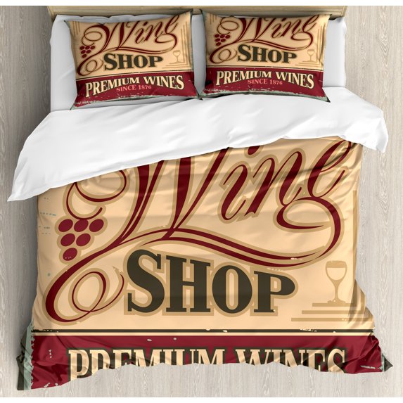 Vintage Duvet Cover Set, Vintage Rusty Pop Art Style Sign for Wine Shop Past Time Adds Bohemian Art Print, Decorative 3 Piece Bedding Set with 2 Pillow Shams, Queen Size, Orange Red, by Ambesonne