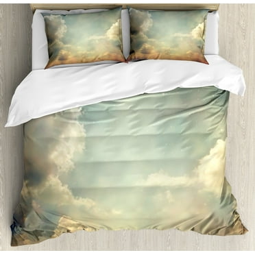 Vintage Duvet Cover Set, Sky Looks Like Dream Space with Sun Rays Celestial Miracle Atmosphere Photo, Decorative 3 Piece Bedding Set with 2 Pillow Shams, Calking Size, Blue White, by Ambesonne