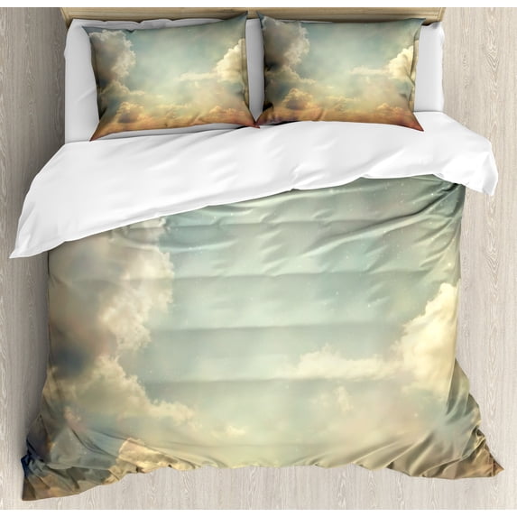 Vintage Duvet Cover Set, Sky Looks Like Dream Space with Sun Rays Celestial Miracle Atmosphere Photo, Decorative 3 Piece Bedding Set with 2 Pillow Shams, Queen Size, Blue White, by Ambesonne