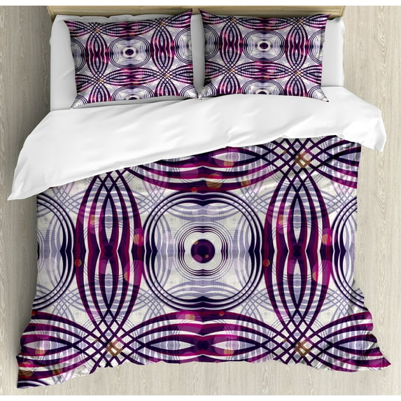 Vintage Duvet Cover Set, Vintage Style Geometrical Ornament Stripes and Circles in Vibrant Colors Print, Decorative 3 Piece Bedding Set with 2 Pillow Shams, King Size, Lavender Plum, by Ambesonne