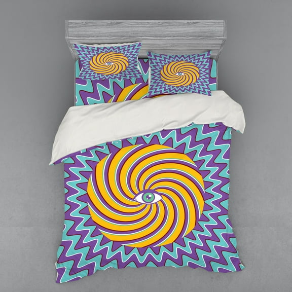 Vintage Duvet Cover Set, Third Eye Inside Hypnotic Spiral Circles Trippy Lines Mystic Hippie Boho, Bedding Set with Shams and Fitted Sheet, 3 Sizes, by Ambesonne